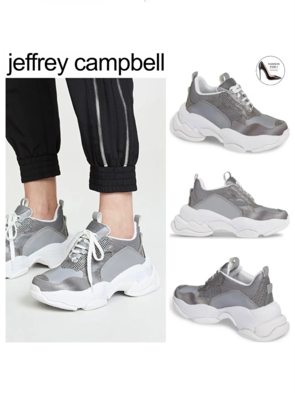 Jeffrey Campbell Grey Reflective Fabric Lace Up Womens Fashion Lo-Fi Sneaker 8.5